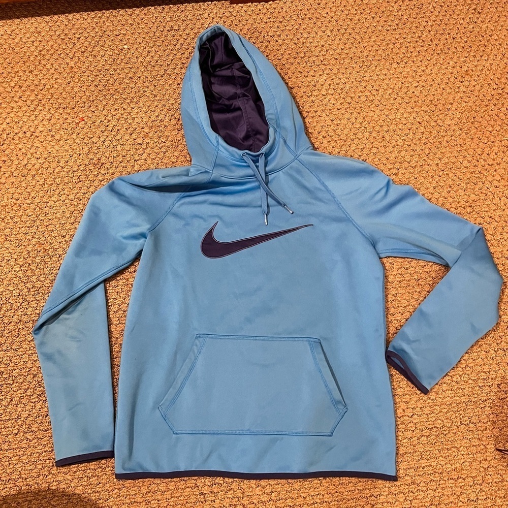 Nike DRI Fit Hoodie Small Blue Logo EUC  Comfy Athletic Cold Gear Running Layer